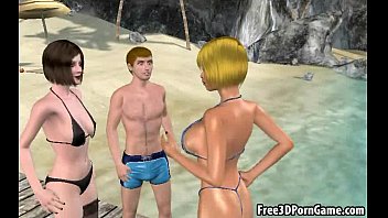 Horny stud fucks two 3D cartoon babes on the beach